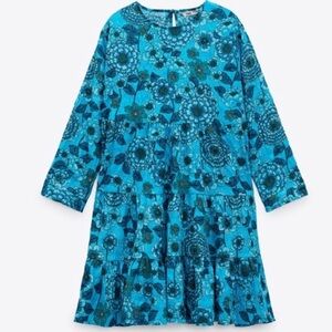 Zara Sharon Blue Floral Tiered Mini Long Sleeve Babydoll Dress Blue Size Small